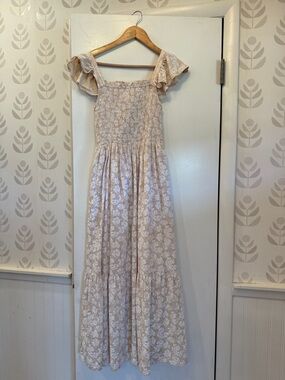 Flutter-Sleeve Smocked Midi Dress in Light Beige Floral